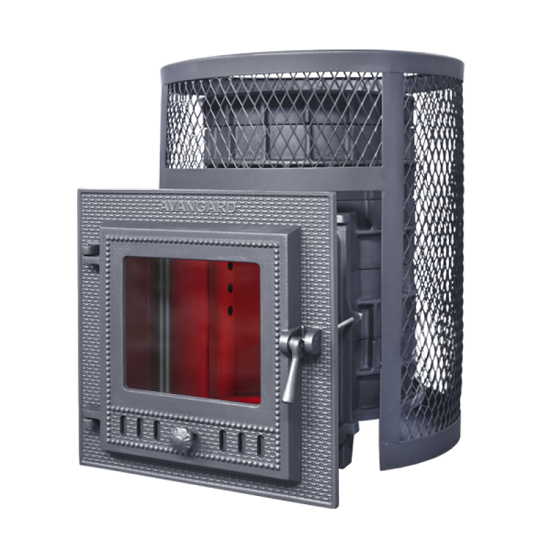 Sobă de saună cu lemne GEFEST- Avangard 24 (М) într-o grilă rotundă