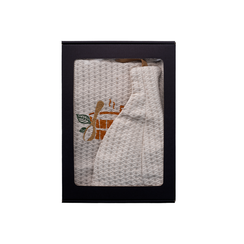 Set cadou într-o cutie cadou pentru EL. Căciulă și șorț de saună pentru bărbați - IN, brodat