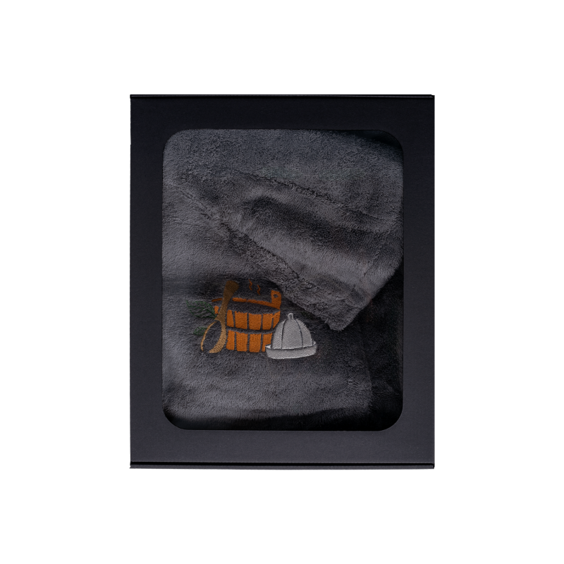 Set cadou într-o cutie cadou pentru EL. Căciulă și șorț de saună pentru bărbați - GRI