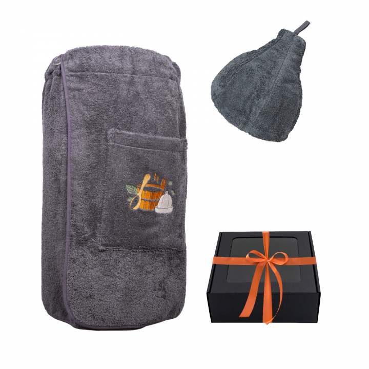 Set cadou într-o cutie cadou pentru EL. Căciulă și șorț de saună pentru bărbați - GRI L - XL