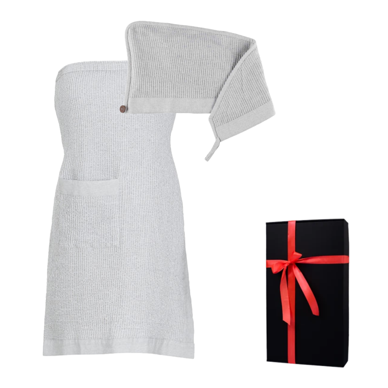 Set cadou în cutie cadou RENTO KENNO FOR HER. Prosop de păr și șorț, gri deschis