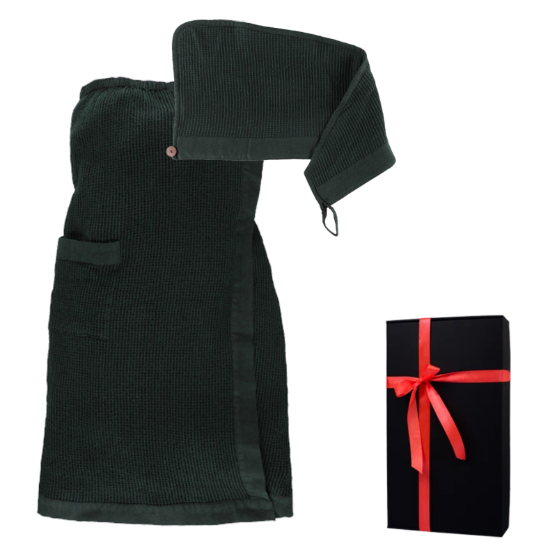 Set cadou în cutie cadou RENTO KENNO FOR HER. Prosop de păr și șorț, verde închis