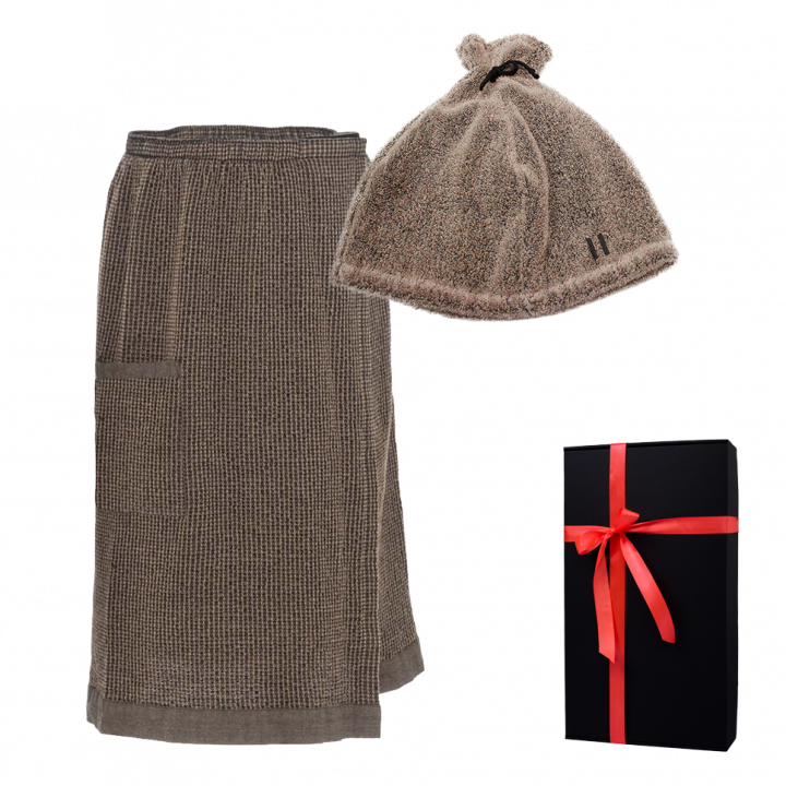 Set cadou în cutie cadou RENTO KENNO FOR HIM. Căciulă și șorț de saună, maro
