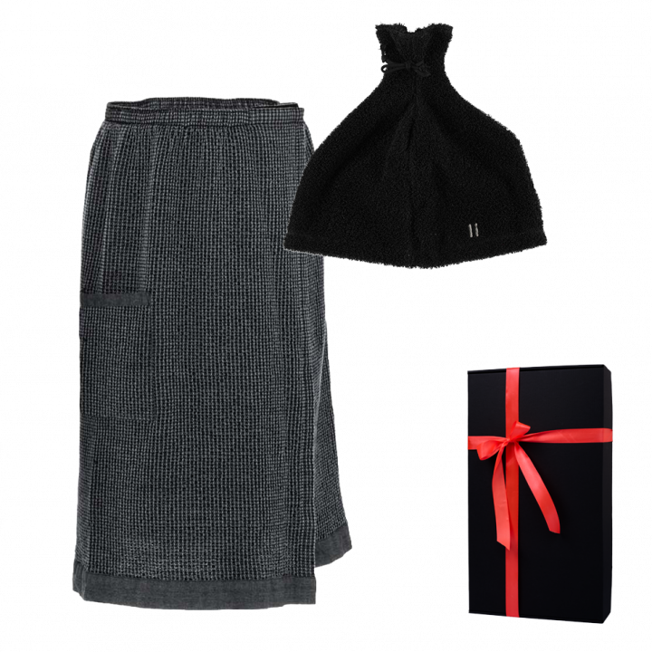 Set cadou în cutie cadou RENTO KENNO FOR HIM. Căciulă și șorț de saună, gri închis/negru