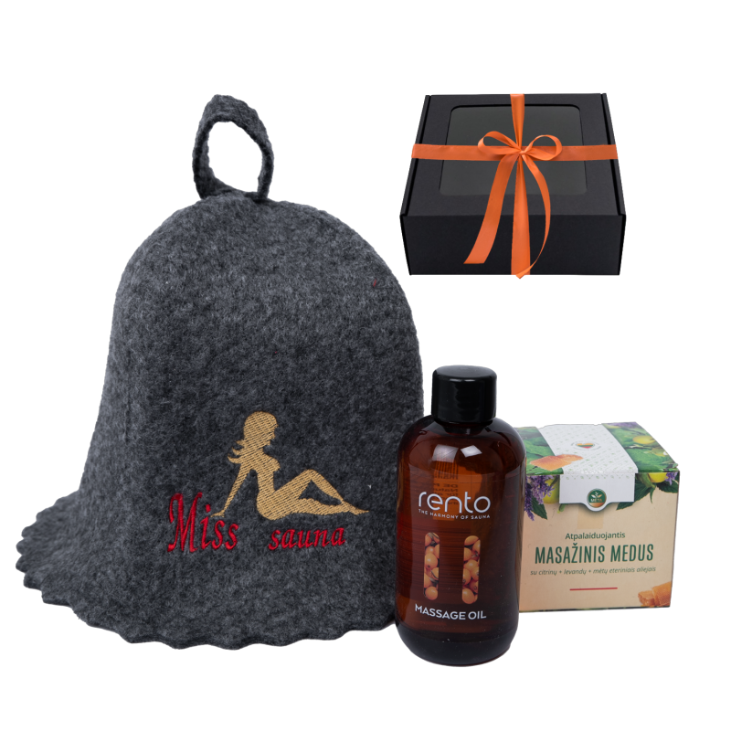 Set cadou MISS SAUNA intr-o cutie cadou. Palarie de sauna, ulei de masaj si miere