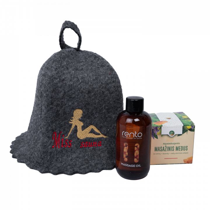 Set cadou MISS SAUNA intr-o cutie cadou. Palarie de sauna, ulei de masaj si miere