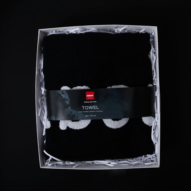 Prosop HARVIA #healingwithheat într-o cutie cadou, 90 x 170 cm, negru