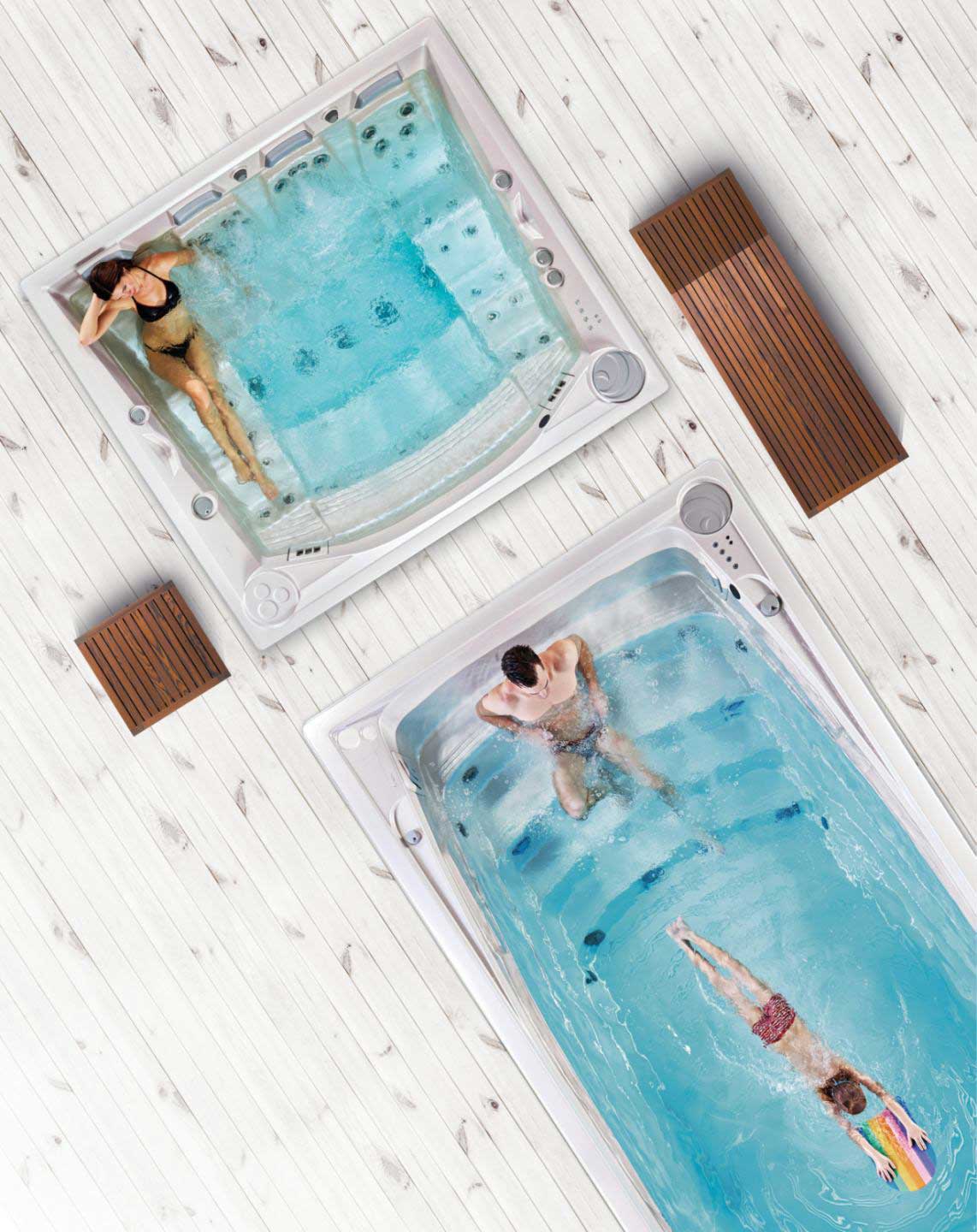 Vedere de sus a centrului spa USSPA și a piscinelor spa cu oameni care se relaxează și înoată